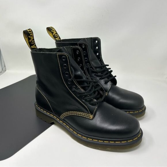 Dr Martens 1460 Pascal Yellow Stitch Black Leather Boots womens size 11 - Picture 1 of 10